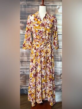 Etam NWT Abstract Floral Maxi Shirt Dress Belted Medium